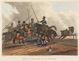 Tod von Generalmajor Sir William Ponsonby, graviert von M. Dubourg, 1819 (kolorierte Aquatinta)